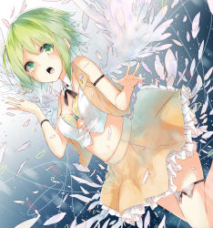 Rule 34 | 1girl, armband, green eyes, green hair, gumi, la-na, looking at viewer, matching hair/eyes, navel, open mouth, short hair, skirt, solo, vocaloid, wings