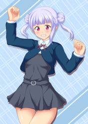 Rule 34 | 1girl, aqua background, arashi chisato, artist name, artist request, bare legs, belt, blue cardigan, blue jacket, blush, bow, bowtie, breasts, buttons, cardigan, clenched hands, collared shirt, cropped jacket, double bun, dress, dress shirt, female focus, floating hair, grey belt, grey shirt, grey skirt, hair bun, hair tie, jacket, long hair, long sleeves, looking at viewer, love live!, love live! superstar!!, miniskirt, neck ribbon, o-ring, o-ring belt, parted lips, plaid, plaid skirt, pleated, pleated skirt, red bow, red eyes, red ribbon, ribbon, school uniform, shirt, skirt, small breasts, smile, solo, teeth, twintails, white hair, white shirt, wing collar, yuigaoka school uniform