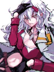 Rule 34 | 1girl, :/, belt, black gloves, black leotard, blurry, breasts, chaps, cleavage, closed mouth, clothing cutout, coat, coat on shoulders, cropped jacket, depth of field, dog tags, gamos, gloves, goddess of victory: nikke, grey hair, hair between eyes, hand on own head, highres, jacket, large breasts, leotard, long hair, messy hair, midriff, navel cutout, red jacket, simple background, solo, stomach cutout, white background, white coat, yellow eyes, yulha (nikke)