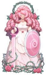 Rule 34 | 1girl, bare shoulders, breasts, cleavage, clothing cutout, collarbone, dress, drill hair, closed eyes, flower, gem, highres, long hair, navel cutout, oxlxlo, pink hair, rose, rose quartz universe, shield, simple background, smile, solo, star cutout, steven universe, sword, thorns, very long hair, weapon, white background, white dress