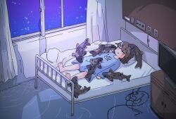 Rule 34 | 1girl, absurdres, barefoot, bed, blue shirt, blush, brown hair, catfish, closed eyes, commentary request, curtains, fish, fish hair ornament, flood, flying fish, hair ornament, highres, hospital, hospital bed, indoors, kani aji, kani aji-chan, light particles, long sleeves, lying, no pants, on back, open window, original, oversized clothes, oversized shirt, parted lips, print shirt, ripples, school of fish, shirt, short hair, sleeping, solo, surreal, television, underwater, water, wide shot, window