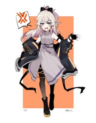 Rule 34 | 1girl, anger vein, angry, arm ribbon, black bow, black footwear, black gloves, black jacket, black pantyhose, blush, boots, bow, character name, collared dress, commentary request, dress, fang, fingerless gloves, full body, gloves, grey dress, grey eyes, grey hair, hand up, highres, jacket, korean commentary, long hair, looking at viewer, off shoulder, open mouth, orange background, original, pantyhose, ponytail, purple ribbon, retri, ribbon, skin fang, sleeveless, sleeveless dress, solo, speech bubble, spoken anger vein, sweat, twitter username, white background