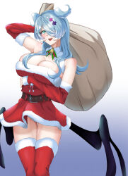 Rule 34 | 1girl, alternate costume, aqua eyes, bell, blue hair, breast lift, breasts, cleavage, detached sleeves, dragon girl, dress, elira pendora, feet out of frame, fullrain88, fur trim, hair over one eye, hat, head wings, highres, holding, holding sack, large breasts, long hair, low wings, neck bell, nijisanji, nijisanji en, off-shoulder dress, off shoulder, open mouth, sack, santa costume, santa hat, simple background, smile, solo, strapless, strapless dress, thigh gap, thighhighs, virtual youtuber, wings, zettai ryouiki
