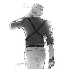 Rule 34 | 1boy, ass, back, belt, collared shirt, cowboy shot, from behind, greyscale, hand on own neck, holding, holding weapon, jujutsu kaisen, kay924026, male focus, monochrome, nanami kento, pants, shirt, short hair, sleeves rolled up, solo, standing, undercut, weapon
