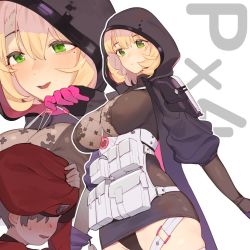 Rule 34 | 1boy, 1girl, bad id, bad twitter id, beijuu, beret, black dress, blonde hair, breasts, character name, commander (girls&#039; frontline), dress, girls&#039; frontline, green eyes, griffin &amp; kryuger military uniform, hair between eyes, hat, hood, hood up, hooded coat, large breasts, long hair, mole, mole under eye, pouch, px4 storm (girls&#039; frontline), short hair, skin tight, solo focus, white background