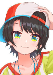 Rule 34 | 1girl, aqua eyes, backwards hat, baseball cap, blush, brown hair, close-up, closed mouth, collarbone, commentary request, hand on headwear, hat, highres, hololive, looking at viewer, oozora subaru, oozora subaru (1st costume), portrait, red hat, shirt, short hair, simoumi 217, simple background, smile, solo, striped clothes, striped shirt, swept bangs, t-shirt, two-tone headwear, vertical-striped clothes, vertical-striped shirt, virtual youtuber, white background, white hat, white shirt, yellow shirt