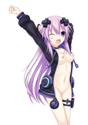 Rule 34 | 1girl, ;o, absurdres, adult neptune, arm behind head, black choker, blush, breasts, choker, cowboy shot, d-pad, d-pad hair ornament, female pubic hair, hair ornament, hand up, highres, holster, hood, hooded jacket, jacket, long hair, looking at viewer, lying, medium breasts, navel, nepsuka (hachisuka), neptune (series), nipples, no bra, no panties, on back, one eye closed, open clothes, open jacket, open mouth, pubic hair, purple hair, purple pubic hair, pussy, shin jigen game neptune vii, simple background, solo, stretching, teardrop, thigh strap, uncensored, very long hair, white background, yawning