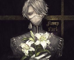 Rule 34 | 1boy, aesop carl, artist name, bright pupils, character name, copyright name, flower, gloves, grey eyes, grey hair, hair over one eye, holding, holding flower, identity v, koshika rina, lily (flower), looking at viewer, male focus, mask, mouth mask, ponytail, simple background, solo, surgical mask, symbol-shaped pupils, twitter username, white flower, white gloves, white pupils, x-shaped pupils