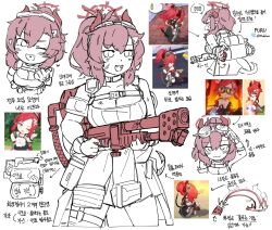 Rule 34 | 1girl, blue archive, blush, breasts, cleavage, fire, flamethrower, flukhan, gas tank, gloves, goggles, goggles on head, hair ornament, halo, heart, highres, holding, holding weapon, horns, korean text, megu (blue archive), multiple views, open mouth, ponytail, screenshot inset, simple background, tank top, thigh strap, translation request, twitter username, weapon, white background
