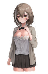 Rule 34 | 1girl, absurdres, ahoge, alternate costume, bad id, bad pixiv id, braid, braided bangs, breasts, brown skirt, cardigan, cleavage, detached collar, doenji (auto7233), frilled shirt, frills, highres, hololive, hololive english, looking at viewer, multicolored hair, nanashi mumei, ribbon, shirt, short hair, simple background, skirt, solo, strapless, streaked hair, tube top, virtual youtuber, white background