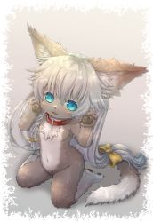 Rule 34 | 1girl, :3, absurdres, animal ear fluff, animal ears, animal hands, blue eyes, border, borrowed character, bow, braid, cat ears, cat tail, claws, collar, female focus, furry, furry female, grey fur, grey hair, hair bow, highres, long hair, looking at viewer, navel, no nipples, nude, open mouth, original, racal ra, sitting, solo, tail, twintails, twitter username, wariza, white border, yellow bow