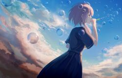 Rule 34 | 1girl, ahoge, arm up, bird, blue dress, blue sky, blowing bubbles, bubble pipe, closed eyes, cloud, cloudy sky, covered mouth, day, dress, dutch angle, eyebrows hidden by hair, feet out of frame, from side, hand up, highres, holding, kaf (kamitsubaki studio), kamitsubaki studio, long hair, low twintails, neckerchief, outdoors, pink hair, short sleeves, sidelighting, sky, soap bubbles, solo, standing, tirudo29, twintails, virtual youtuber, yellow neckerchief