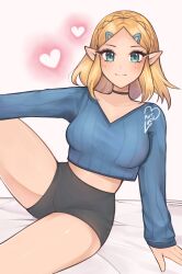 Rule 34 | 1girl, alternate costume, artist name, blonde hair, breasts, cropped sweater, crown, hair ornament, hairclip, heart, highres, legs, looking at viewer, medium breasts, midriff, nintendo, pointy ears, princess zelda, purrlucii, ribbed sweater, shiny skin, shorts, smile, solo, sweater, the legend of zelda, the legend of zelda: tears of the kingdom, thighs, white background