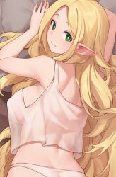 Rule 34 | 1girl, arm up, bare arms, bare shoulders, blonde hair, breasts, camisole, commentary, dakimakura (medium), dungeon meshi, elf, english commentary, green eyes, highres, iwbitu, large breasts, long hair, looking at viewer, lying, marcille donato, on stomach, panties, pointy ears, see-through silhouette, smile, solo, underwear, upper body, very long hair, white camisole, white panties