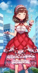 Rule 34 | 1girl, bare shoulders, breasts, brown hair, building, city, closed mouth, commission, dress, earrings, giant, giantess, hairband, highres, idolmaster, idolmaster cinderella girls, index finger raised, jewelry, large breasts, outdoors, red dress, sakuma mayu, short hair, skeb commission, smile, solo, strapless, strapless dress, tori ririisu, white hairband, wrist cuffs