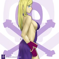 Rule 34 | 1girl, arched back, ass, aurahack, backless dress, backless outfit, bad id, bad tumblr id, blonde hair, blue eyes, bracelet, breasts, dress, fatal fury, from side, garou: mark of the wolves, gloves, halterneck, highres, jenet behrn, jewelry, large breasts, long hair, profile, purple dress, purple gloves, sagging breasts, sideboob, signature, skull and crossbones, smile, solo, watermark, web address