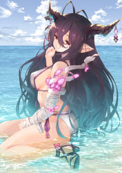 Rule 34 | antenna hair, bandaged arm, bandages, bikini, black hair, blue sky, breasts, cloud, crescent, crescent hair ornament, danua, day, draph, finger to mouth, granblue fantasy, hair between eyes, hair ornament, high heels, highres, horn ornament, horns, large breasts, long hair, looking at viewer, pointy ears, profile, red eyes, ryouku, sitting, sky, solo, swimsuit, wariza, water, white bikini