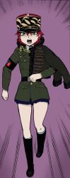 Rule 34 | 10s, 1girl, absurdres, asparagus (girls und panzer), colorized, comic, girls und panzer, girls und panzer ribbon no musha, hat, highres, jacket, military, military hat, military jacket, military uniform, red hair, running, shouting, simple background, skirt, solo, uniform, vichy