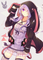 Rule 34 | 1girl, animal hood, black jacket, breasts, closed mouth, collarbone, commentary, cowboy shot, criss-cross halter, dress, dutch angle, grey background, hair ornament, hair over one eye, halterneck, highres, hood, hooded jacket, hoodie, jacket, light purple hair, long hair, looking at viewer, low twintails, open clothes, open jacket, purple dress, purple eyes, purple outline, purple thighhighs, rabbit hood, see-through, shimotsuki eri, sleeves past wrists, small breasts, smile, solo, standing, strapless, strapless dress, striped clothes, striped thighhighs, thighhighs, tube dress, twintails, vocaloid, yuzuki yukari, zettai ryouiki