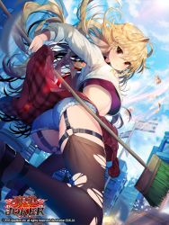 Rule 34 | 1girl, ass, blonde hair, breasts, broom, clothes around waist, dated, denim, denim shorts, furyou michi ~gang road~, long hair, looking at viewer, red eyes, shorts, solo, sukja, thighhighs, torn clothes, torn thighhighs, underboob