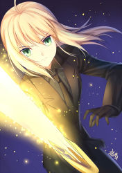 Rule 34 | 1girl, artoria pendragon (all), artoria pendragon (fate), black gloves, black jacket, black necktie, blonde hair, closed mouth, collared shirt, commentary, excalibur (fate/stay night), fate/zero, fate (series), gloves, glowing, glowing sword, glowing weapon, gogatsu fukuin, green eyes, grey shirt, hair between eyes, highres, holding, holding sword, holding weapon, jacket, long hair, long sleeves, looking at viewer, necktie, purple background, saber (fate), shirt, signature, solo, sword, v-shaped eyebrows, weapon