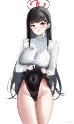 Rule 34 | 1girl, black hair, black one-piece swimsuit, black skirt, blue archive, blunt bangs, blush, breasts, clothes lift, covered navel, hair ornament, hairclip, halo, highres, large breasts, long hair, long sleeves, looking at viewer, one-piece swimsuit, red eyes, ribbed sweater, rio (blue archive), ryudraw, skirt, skirt lift, smile, solo, sweater, swimsuit, swimsuit under clothes, turtleneck, turtleneck sweater, very long hair, white sweater