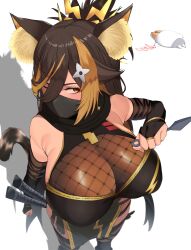 Rule 34 | 1girl, absurdres, animal ears, bare shoulders, black gloves, black hair, black mask, black scarf, blonde hair, breasts, bridal gauntlets, cat ears, cat girl, cat tail, cleavage, dark-skinned female, dark skin, fishnet sleeves, fishnet top, fishnets, from above, gloves, hair between eyes, hair ornament, highres, holding, holding weapon, huge breasts, indie virtual youtuber, katana, kunai, lightning bolt, lightning bolt hair ornament, lightning bolt necklace, lightning bolt symbol, long hair, looking at viewer, mask, mouth mask, multicolored hair, nekoyo chloe, ninja mask, nohohon pictures, one eye closed, pelvic curtain, scarf, shadow, sheath, sheathed, solo, sword, tail, thighhighs, two-tone hair, virtual youtuber, weapon, yellow eyes