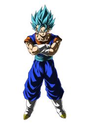 Rule 34 | 10s, 1boy, dragon ball, dragon ball super, full body, fusion, highres, long hair, looking at viewer, male focus, muscular, serious, simple background, solo, standing, super saiyan, super saiyan blue, toriyama akira (style), vegetto, white background, young jijii