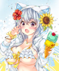 Rule 34 | 1girl, animal ears, bangle, bikini, blue flower, blush, bow, bracelet, breasts, cat ears, cherry, claw pose, cleavage, collarbone, commentary request, double scoop, fang, fingernails, flower, food, fruit, hair between eyes, hair flower, hair ornament, hands up, highres, holding, holding food, hood, hood up, hooded jacket, ice cream, ice cream cone, jacket, jewelry, large breasts, layered bikini, long hair, long sleeves, looking at viewer, nail polish, ooji cha, open clothes, open jacket, open mouth, original, oziko (ooji cha), pink nails, purple eyes, red flower, silver hair, solo, swimsuit, transparent, water drop, white bikini, white jacket, yellow bow, yellow flower
