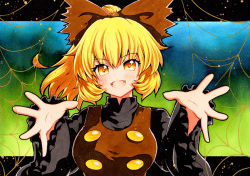 Rule 34 | 1girl, :d, bad id, bad pixiv id, blonde hair, blue background, bow, breasts, brown bow, fang, gradient background, green background, hair bow, kurodani yamame, long sleeves, looking at viewer, multicolored background, open mouth, ponytail, qqqrinkappp, short hair, silk, skin fang, smile, solo, spider web, touhou, traditional media, upper body, yellow eyes