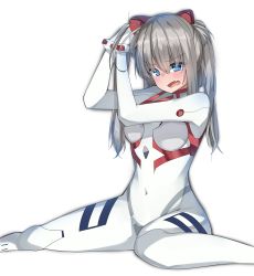 Rule 34 | 1girl, absurdres, alternate costume, alternate hairstyle, blue eyes, blush, bodysuit, commentary, cosplay, covered navel, fang, frown, girls und panzer, hands in hair, highres, interface headset, itsumi erika, kshimu, looking at viewer, medium hair, neon genesis evangelion, open mouth, plugsuit, silver hair, simple background, sitting, skin fang, solo, twintails, wariza, white background, white bodysuit