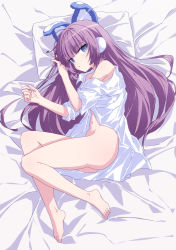Rule 34 | 1girl, azur lane, bad id, bad pixiv id, bare legs, barefoot, blue eyes, blunt bangs, collared shirt, commentary, earmuffs, expressionless, feet, long hair, looking at viewer, lying, naked shirt, navel, off shoulder, official alternate costume, on bed, on side, open clothes, open shirt, oueo, parted lips, purple hair, shirt, solo, stomach, tashkent (azur lane), tashkent (the blue snoozer) (azur lane), toes, very long hair, white shirt