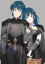 Rule 34 | 1boy, 1girl, arm grab, arm guards, armor, belt, black armor, black cape, black gloves, black pants, black shirt, black shorts, blue eyes, blue hair, breasts, brown pantyhose, byleth (female) (fire emblem), byleth (fire emblem), byleth (male) (fire emblem), cape, cleavage cutout, clothing cutout, dagger, detached collar, elbow pads, emblem, fire emblem, fire emblem: three houses, from side, gauntlets, gloves, grey background, hair between eyes, highres, holding hands, knife, long sleeves, looking at viewer, medium breasts, medium hair, nintendo, pants, pantyhose, patterned clothing, sheath, sheathed, shirt, short hair, short shorts, shorts, shoulder armor, sidelocks, simple background, standing, weapon