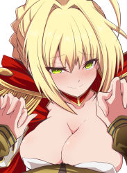 Rule 34 | 1girl, blonde hair, blush, breast press, breasts, cleavage, commentary request, dress, fate/extra, fate (series), fujitaka nasu, green eyes, hair intakes, holding hands, kishinami hakuno (female), large breasts, long hair, looking at viewer, nero claudius (fate), nero claudius (fate) (all), nero claudius (fate/extra), pov, red dress, short hair, smile, solo focus