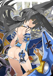 Rule 34 | 1girl, animal ears, ass, backless outfit, bare legs, black gloves, black hair, blush, butt crack, camisole, castle, char, from behind, gloves, hair between eyes, highres, long hair, looking at viewer, looking back, necro-san, original, panties, panty pull, parted lips, shield, sidelocks, solo, thighs, tsurime, underwear, white gloves, white panties, yellow eyes