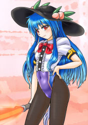 Rule 34 | 1girl, black hat, black pantyhose, blue hair, commentary request, competition swimsuit, covered navel, cowboy shot, food, fruit, hand on own hip, hat, highleg, highleg swimsuit, hinanawi tenshi, holding, holding weapon, keystone, long hair, looking at viewer, mail (mail gell), one-piece swimsuit, pantyhose, pantyhose under swimsuit, peach, puffy short sleeves, puffy sleeves, purple one-piece swimsuit, rainbow order, red eyes, shirt, shoes, short sleeves, skirt, solo, standing, swimsuit, swimsuit under clothes, sword, sword of hisou, touhou, weapon, white shirt