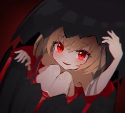 Rule 34 | 1girl, blonde hair, blood, blurry, depth of field, dutch angle, eggshell, hand up, knees up, looking at viewer, nude, parted lips, red background, red eyes, rumia, short hair, simple background, smile, solarisu, solo, touhou
