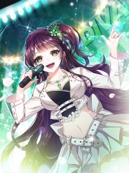 Rule 34 | belt, belt skirt, black hair, blush, breasts, character request, cleavage, collarbone, eu (euspia), gem, green eyes, green skirt, holding, holding microphone, jewelry, large breasts, long hair, long sleeves, looking at viewer, mabinogi, md5 mismatch, microphone, miniskirt, navel, open mouth, resolution mismatch, skirt, smile, solo, source larger, starlet, teeth