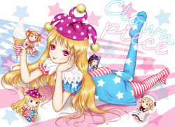 Rule 34 | 1girl, :&gt;, :&lt;, :d, :p, american flag, american flag dress, american flag legwear, ass, back, blonde hair, blue bow, bow, character doll, character name, clownpiece, dress, dutch angle, fairy wings, flag background, food, food on face, from above, full body, hand on own cheek, hand on own face, hat, head rest, holding, holding food, ice cream, jester cap, kurage (artist), looking at viewer, luna child, lying, neck ruff, no shoes, on stomach, open mouth, pantyhose, pink eyes, polka dot, print pantyhose, short sleeves, smile, soft serve, solo, star (symbol), star print, star sapphire, striped, sunny milk, tongue, tongue out, touhou, wings