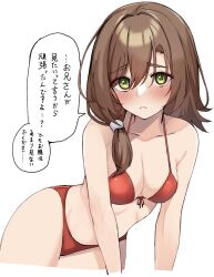 Rule 34 | 1girl, :&lt;, bare arms, bikini, blush, breasts, brown hair, cleavage, closed mouth, collarbone, commentary request, cowboy shot, curvy, eyelashes, eyes visible through hair, front-tie bikini top, front-tie top, frown, green eyes, hair between eyes, hair intakes, halterneck, highres, looking at viewer, low side ponytail, medium breasts, mikuni sairi, red bikini, shy, simple background, solo, speech bubble, swimsuit, tenshi souzou re-boot!, tft (tft7822), thick eyebrows, translated, tsurime, white background