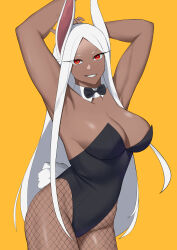 Rule 34 | 1girl, animal ears, arm behind head, armpits, arms up, bare shoulders, black bow, black bowtie, black leotard, boku no hero academia, bow, bowtie, breasts, cleavage, dark-skinned female, dark skin, detached collar, fishnet pantyhose, fishnets, highleg, highleg leotard, highres, kritta88, large breasts, leotard, long eyelashes, long hair, looking at viewer, mirko, pantyhose, parted bangs, parted lips, playboy bunny, rabbit ears, rabbit girl, rabbit tail, red eyes, smile, solo, strapless, strapless leotard, tail, thighs, toned, very long hair, white hair, yellow background
