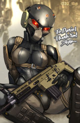 Rule 34 | 1girl, assault rifle, bodysuit, breasts, commentary request, commission, english text, female soldier, fn scar 17, frogs (metal gear), frogs (mgs), gloves, glowing, glowing eyes, gun, haven trooper, helmet, holding, holding gun, holding weapon, medium breasts, metal gear (series), metal gear solid 4: guns of the patriots, original, rifle, signature, sitting, skeb commission, skin tight, solo, squatting, sunao (70 the), trigger discipline, weapon