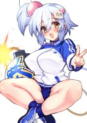 Rule 34 | 1girl, :d, blue buruma, blue footwear, bomb, bombergirl, breasts, buruma, explosive, fuse, fuse tail, hair between eyes, hair bobbles, hair ornament, jacket, large breasts, long sleeves, nanami neru, one side up, open mouth, shiro (bombergirl), shoelaces, shoes, short hair, simple background, smile, sneakers, solo, tail, track jacket, white background, white hair, yellow eyes