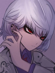 Rule 34 | 1girl, 33 gaff, bad id, bad pixiv id, beige jacket, bow, bowtie, closed mouth, collared dress, commentary request, dress, ear piercing, finger in ear, gradient background, grey background, hair behind ear, hair between eyes, hand up, jacket, kishin sagume, looking ahead, open clothes, open jacket, piercing, purple dress, red bow, red bowtie, red eyes, short hair, silver hair, solo, touhou, tsurime, upper body, wing collar