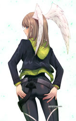 Rule 34 | 1girl, ass, ass grab, blue eyes, blush, bodysuit, breasts, deep skin, eunie (xenoblade), from behind, head wings, highres, jacket, kamaniki, light brown hair, long hair, looking away, shiny clothes, sideboob, skin tight, solo, wings, xenoblade chronicles (series), xenoblade chronicles 3