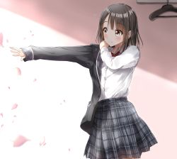 Rule 34 | 1girl, arm out of sleeve, black jacket, blazer, blurry, blurry foreground, blush, bow, bowtie, brown eyes, brown hair, closed mouth, clothes hanger, collared shirt, commentary request, depth of field, dressing, grey skirt, highres, jacket, long hair, long sleeves, original, outstretched arm, pentagon (railgun ky1206), petals, plaid, plaid skirt, pleated skirt, red bow, red bowtie, school uniform, shirt, skirt, sleeves past wrists, smile, solo, white shirt