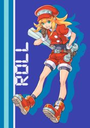 Rule 34 | 1girl, belt, bike shorts, bike shorts under shorts, blonde hair, blue background, breasts, brown gloves, cabbie hat, capcom, character name, full body, gloves, green eyes, hair between eyes, hand on own hip, hat, index finger raised, long hair, mega man (series), mega man legends (series), object behind ear, okome (liveokome), pencil, red footwear, red shorts, roll caskett (mega man), short shorts, short sleeves, shorts, sidelocks, simple background, small breasts, smile, solo, teeth, wrench