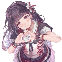 Rule 34 | 1girl, black ribbon, blunt bangs, blush, brooch, brown eyes, brown hair, closed mouth, collarbone, hair ribbon, head tilt, heart, heart hands, highres, idol clothes, jewelry, looking at viewer, neck ribbon, nik ibi, original, raised eyebrows, red ribbon, red vest, ribbon, sailor collar, shirt, short sleeves, simple background, skirt, smile, solo, upper body, vest, white background, white sailor collar, white shirt, white skirt, wrist cuffs