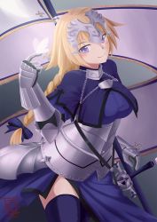 Rule 34 | 1girl, armor, bad id, bad pixiv id, blonde hair, blue ribbon, braid, breasts, bug, butterfly, fate/apocrypha, fate/grand order, fate (series), fleur-de-lis, headgear, insect, jeanne d&#039;arc (fate), jeanne d&#039;arc (ruler) (fate), large breasts, purple eyes, ribbon, single braid, smile, solo, standard bearer, sword, thealagator, thighhighs, thighs, weapon