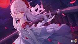 Rule 34 | 1girl, bare shoulders, chinese commentary, closed mouth, cloud, cloudy sky, cross, crying, crying with eyes open, detached sleeves, dress, flower, full moon, hair between eyes, hair flower, hair ornament, highres, honkai (series), honkai impact 3rd, long hair, looking at viewer, moon, night, night sky, official alternate costume, official art, official wallpaper, outdoors, petals, red eyes, red flower, red moon, red rose, rose, sky, smile, solo, tears, theresa apocalypse, theresa apocalypse (luna kindred), upper body, white dress, white sleeves